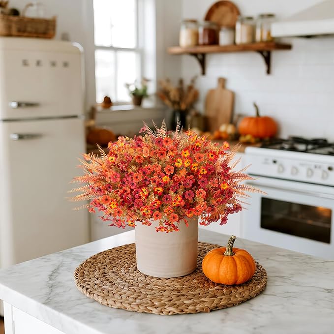 12 Bundles Fake Mums Fall Flowers Artificial for Outdoors Decoration Artificial Mums Faux Plants Daisy for Outdoor Outside Planters UV Resistant Violets for Fall Decor Home Porch Door Front Patio Yard