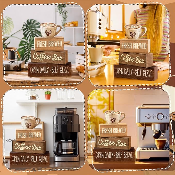 Moucuny 4 Pcs Farmhouse Coffee Bar Signs Decor Wooden Cup Rise & Shine It's Coffee Time Rustic Wood Cafe Sign Gift for Home Kitchen Tabletop Decor