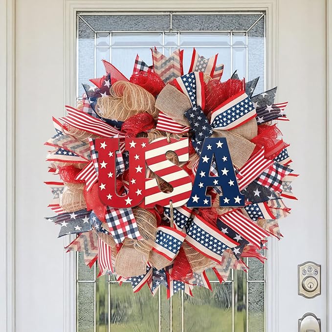 24Inch 4th of July Wreath, Patriotic Burlap Wreath for Front Door,Stripe and Stars Wreaths for USA 250th Anniversary, Memorial Day American Flag Printed Decorations for Outdoor (Wreath-2)
