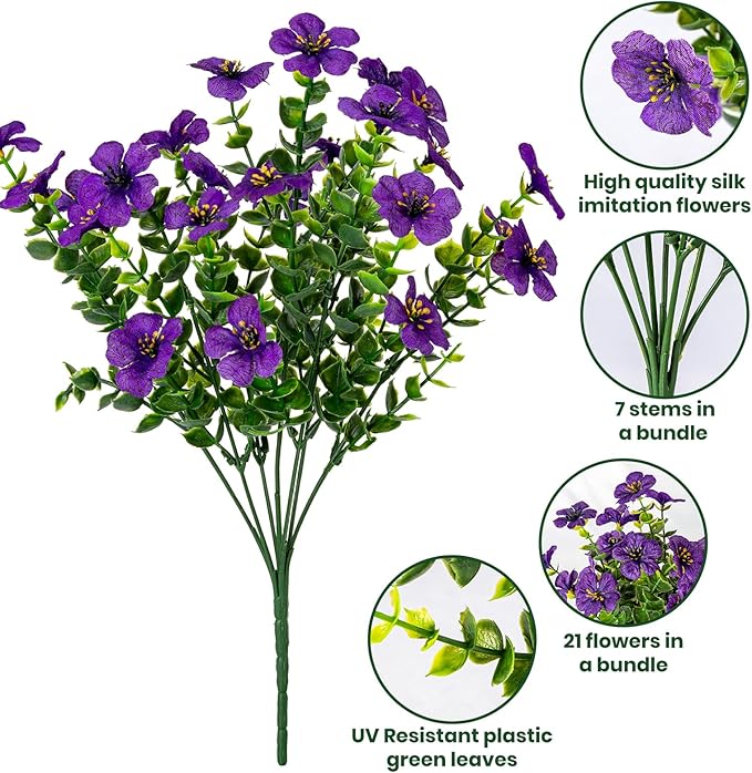Lnoicy 20 Bundles Artificial Flowers for Outdoor Fake Plants for Spring Decoration,Faux Eucalyptus Flowers for Planter UV Resistant Lifelike for Home Porch Garden（4 Color）
