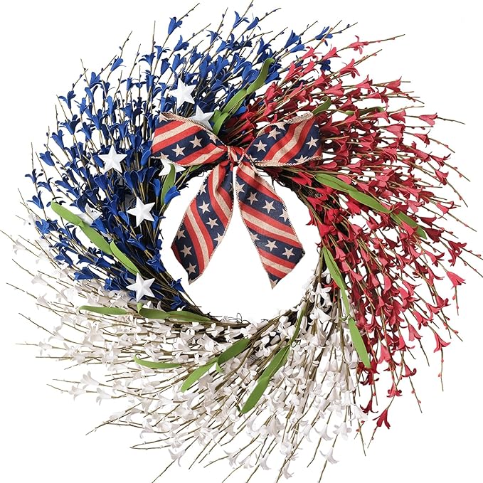 22 Inch Large Patriotic Wreath with Flag Bow, Red White Blue Forsythia Flowers & White Stars, Memorial Day 4th of July Front Door Decor