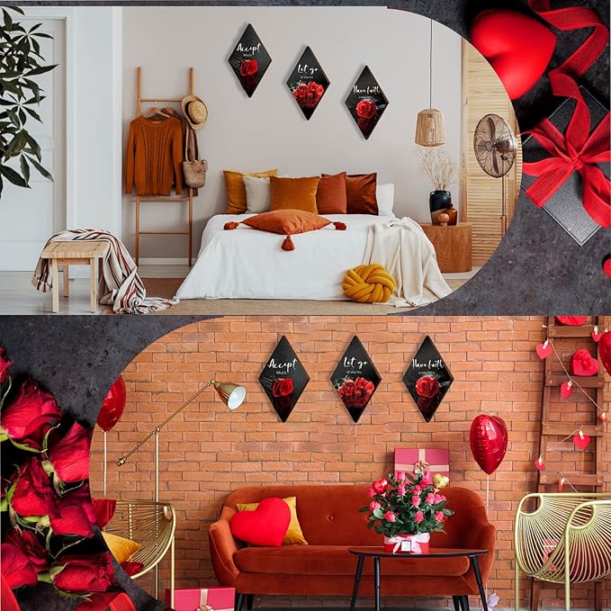 3 Pcs Red Rose Bathroom Wall Decor Flower Red Decor Inspirational Wooden Wall Art Office Wall Decor with Accept Let Go Have Faith Sign for Girl Women Bathroom Living Room Bedroom(12 x 7 Inch)