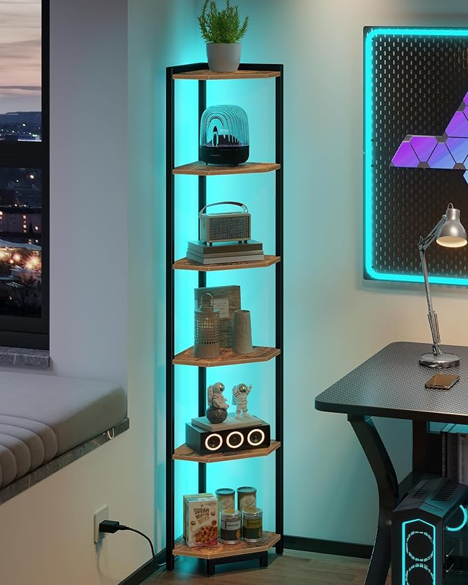 Hzuaneri Corner Shelf with LED Light, 6-Tier Corner Bookshelf, Tall Narrow Display Bookcase with Metal Frame, Standing Shelf for Small Space, Living Room, Home Office, Bedroom, Rustic Brown CS66601B