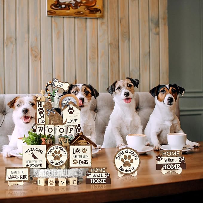 Mifoci 16 Pcs Dog Tiered Tray Decor Cute Dog Signs Home Decor Wooden Woof Decorative Trays Farmhouse Vintage Sweet Home Wooden Sign for Winter Kitchen Coffee Bar Decoration
