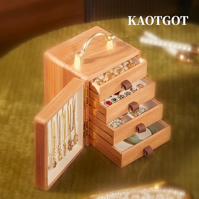 Wooden Jewelry Box for Women 4 Tier Walnut Wooden Jewelry Box with handle (Flower and butterfly prints A)