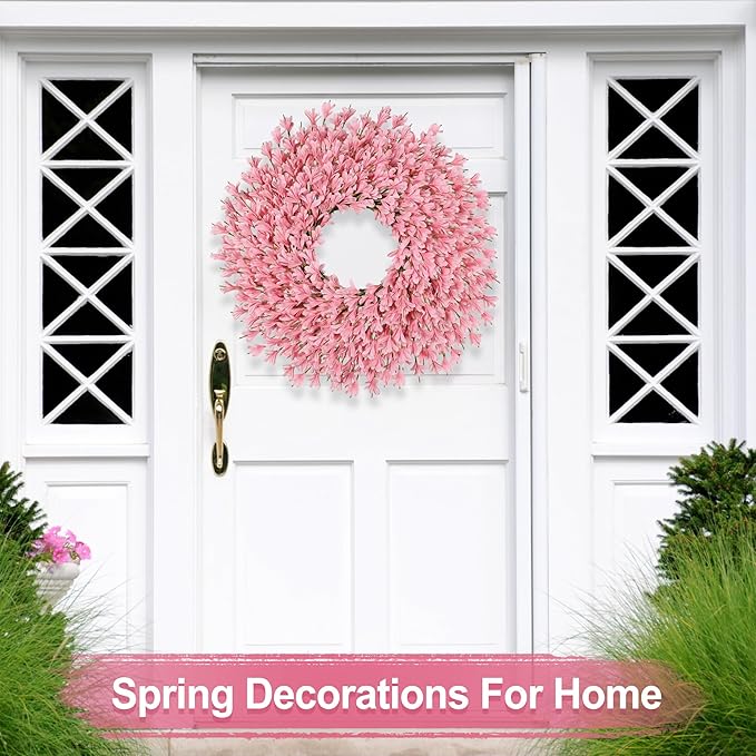 26 Inch Spring Wreaths for Front Door Large Easter Valentines Forsythia Floral Summer Spring Door Wreaths Outdoor All Season Spring Decorations for Home Porch Room Window Wall Farmhouse Decor (Pink-R)