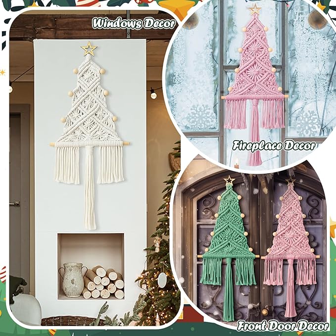 HunnmingRe 3 Pcs Large Macrame Christmas Tree Macrame Christmas Wall Decoration Hanging Ornaments Boho Wall Decor for Party Supplies (Pastel)