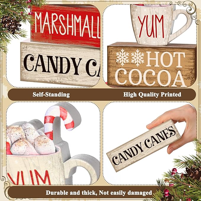 Moucuny 4 Pcs Wooden Christmas Tabletop Decor Hot Cocoa Tiered Tray Decor Rustic Wood Hot Cocoa Block Sign Gift Merry Christmas Centerpiece Farmhouse Winter Table Decoration