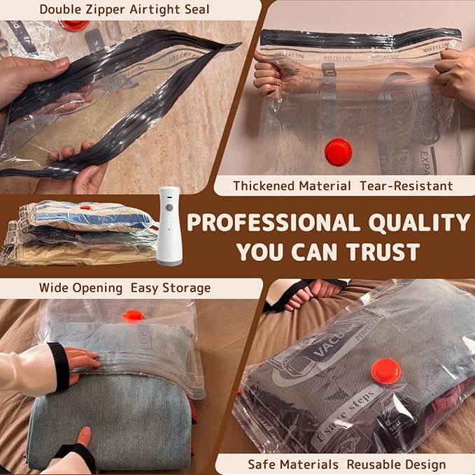 Vacuum Bags for Travel with Wireless Rechargeable Pump, Compression Space Saver Bags for Clothing, Luggage & Suitcase, 15 Combo Travel Size