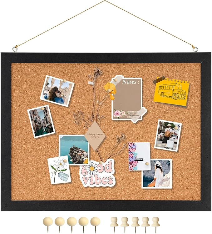 DOLLAR BOSS Cork Bulletin Board 1-Pack 16''X 12'' Double-Sided Cork Boards for Walls Wood Framed Corkboards, Small Pin Board for Home Kitchen Office Decorative Hanging 10 Pushpins, Black