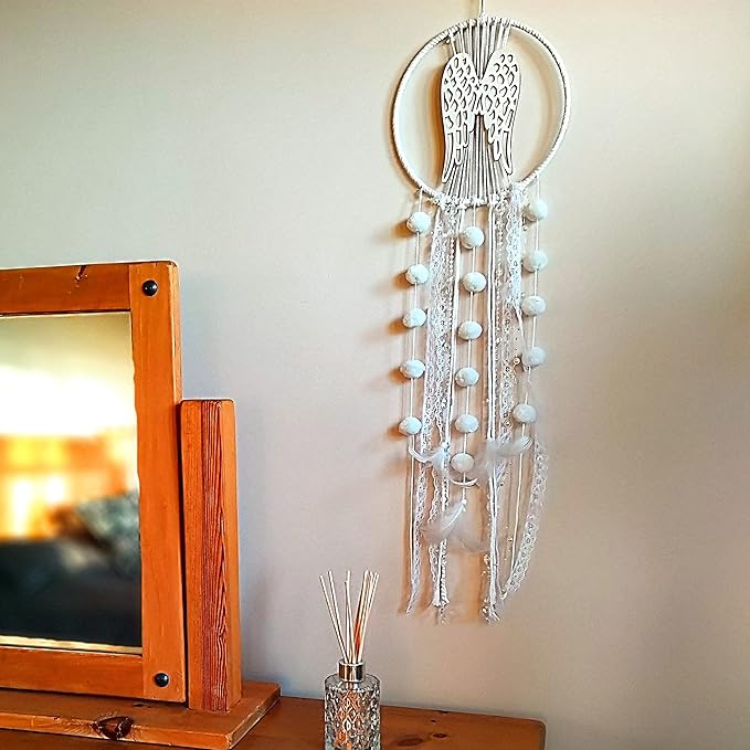 Angel Wings Dream Catchers, White Boho Cottagecore Decor, Wall Hanging Meditation Gifts, Hippie Zen Spiritual Yoga Decor for Bedroom or Nursery