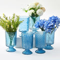 6 Pcs (H:7" W:4") Embossed Flower Vase Pedestal Glass Vase Big Base Thickened Crystal Vintage Vases for Valentines Day Wedding Home Decor Table Centerpiece House Warming Gifts(Blue)