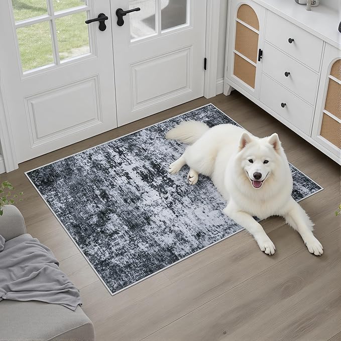 Washable Area Rug 2x3 Entryway Rug: Washable Modern Abstract Soft Thin Rug Indoor Floor No Slip Stain Resistant Carpet for Bedroom Dining Room Farmhouse Nursery Home Office - Black
