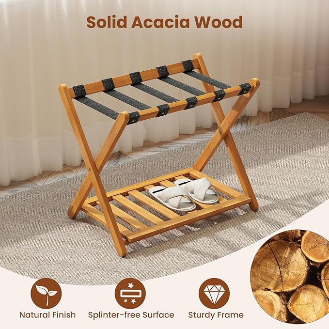 Goplus Luggage Rack for Guest Room Set of 2, Folding Suitcase Stand with Storage Shelf, Acacia Wood Frame & 5 Nylon Straps, Fully Assembled 27" Luggage Stand for Bedroom, Hotel, Holds up to 200 LBS