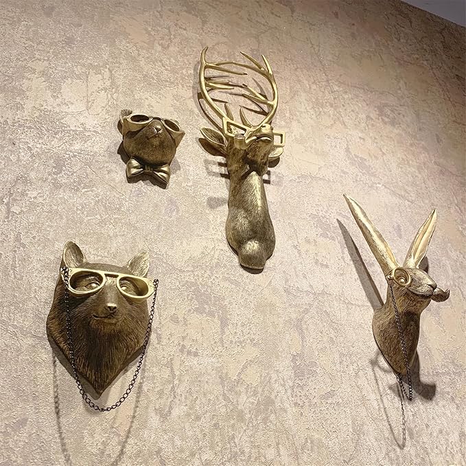 GUASDIE Animal Heads Wall Decor, Gold Faux Deer Head Mount, Animal Sculptures Wall Decor, Vintage Resin Hanging Decoration for Living Room Bedroom Kitchen Office Gift,5pcs