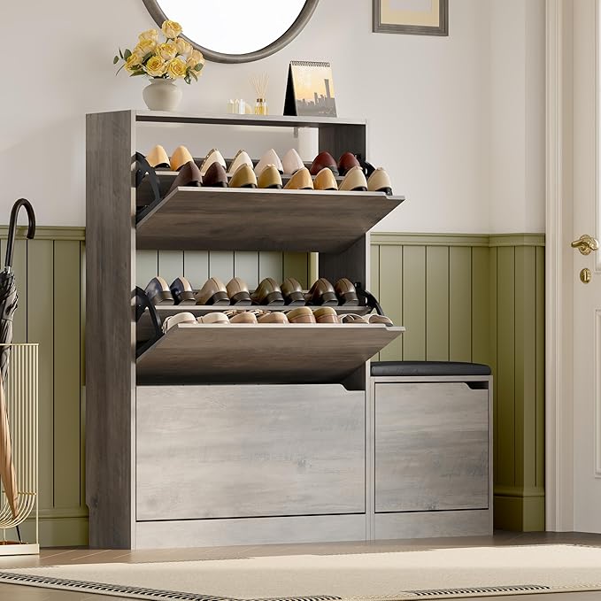 Shoe Cabinet with Bench and 3 Flip Drawers, Slim Narrow Shoe Storage Cabinet, Freestanding Shoe Rack Organizer with Adjustable & Removable Shelves, Anti-Tip for Entryway, Hallway, Foyer