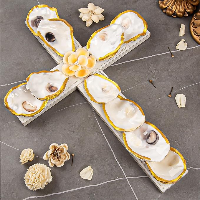 QEQEKAKA Cross Wall Decor - Handmade Oyster Shells Cross Wood Wall Decor for Christian Wall Art Decor Religious Gift Indoor Outdoor Home Decor