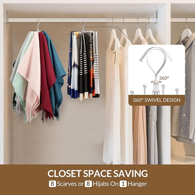 ZEDODIER Scarf Organizer Scarf Hanger for Closet, Rotatable Sturdy Hijab Holder Holds 8 Scarves, Metal Space Saving Closet Organizers and Storage, Silver