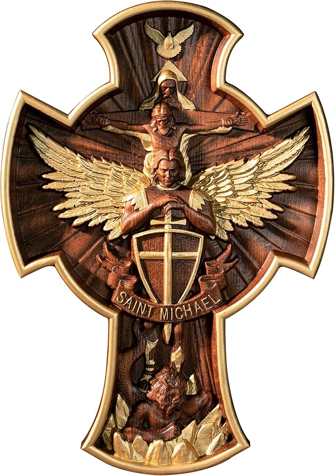 BGCOPPER Saint Michael Cross Wall Decor, Wooden Holy Trinity Crucifix Wall Cross, Jesus Cross for Wall Hanging Christmas Gift (20 Inch)