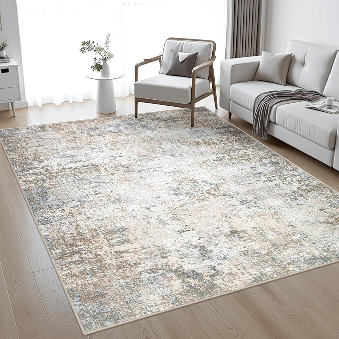 10x14 Area Rug Living Room Rug: Washable Modern Abstract Soft Thin Rug Indoor Floor No Slip Stain Resistant Carpet for Bedroom Dining Room Farmhouse Nursery Home Office - Brown Grey