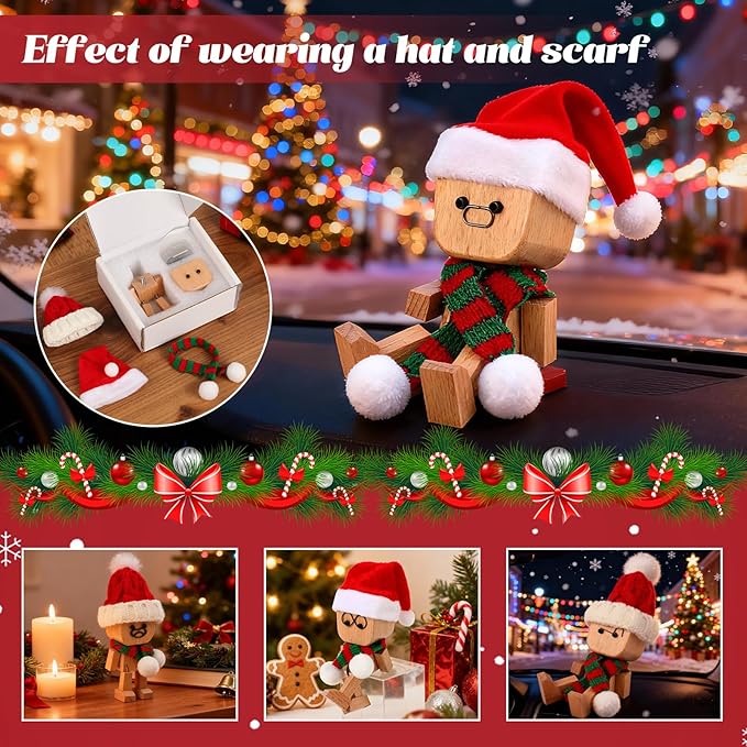 IMOLL Shaking Wooden Man Figurine with 12pcs Magnetic Expressions,Handmade Shaking Feet Wooden Doll,Car Dashboard Desktop Decor Christmas Decor Home&Qffice Decor (with Knit Beanie Hat + Scarf)