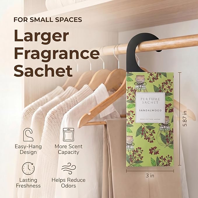 ROSE COTTAGE Large 12 Packs Sandalwood Hanging Closet Deodorizer Air Freshener Long Lasting Scented Sachets Smell Goods for House