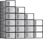 SONGMICS Shoe Boxes, Pack of 18 Shoe Storage Organizers, Stackable Clear Plastic Boxes for Closet, Sneakers, 13.1 x 9.1 x 5.6 Inches, Transparent and Black ULSP18SBKV1