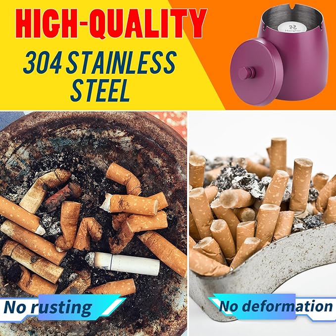 Smokeless Ashtrays For Cigarettes Indoor, Ash Tray Sets for Cigarettes Outdoor Ashtrays for Patio (Purple, Medium)