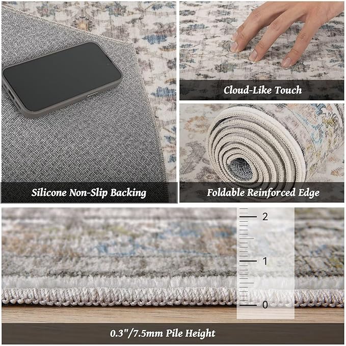 Washable 3x5 Entryway Rug, Boho Non-Slip Vintage Distress Small Rugs for Kitchen Nursery Office Bedroom, 0.3" Neutral Oriental Throw Thin Carpet with Cushioning Pad, Cream/Blue/Orange/Multi