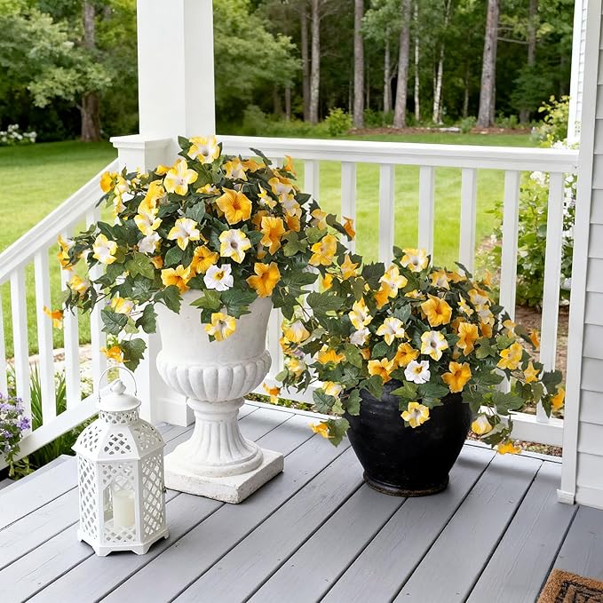Artificial Fake Petunia Flowers for Outdoor Decoration, 2PCS Faux Silk Petunias Flower for Spring UV Resistant No Fade Realistic Plants for Garden Balcony Yard Porch Indoor Decor(Yellow White)