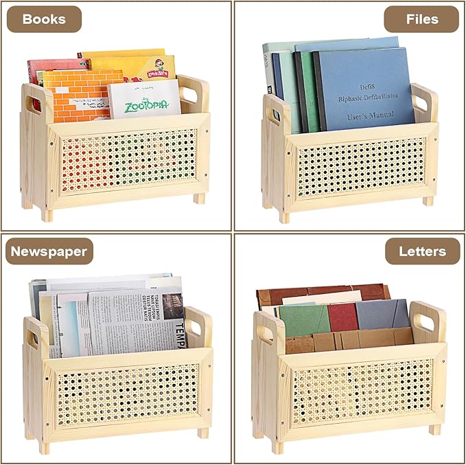 BTSKY Wooden Magazine Rack with Built-in-Handle, Desktop Magazine Holder Modern Rattan Hollow-out Design Mail Organizer, Assembly File Holder Letter Holder Floor Rack for Home & Office, Natural