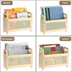 BTSKY Wooden Magazine Rack with Built-in-Handle, Desktop Magazine Holder Modern Rattan Hollow-out Design Mail Organizer, Assembly File Holder Letter Holder Floor Rack for Home & Office, Natural