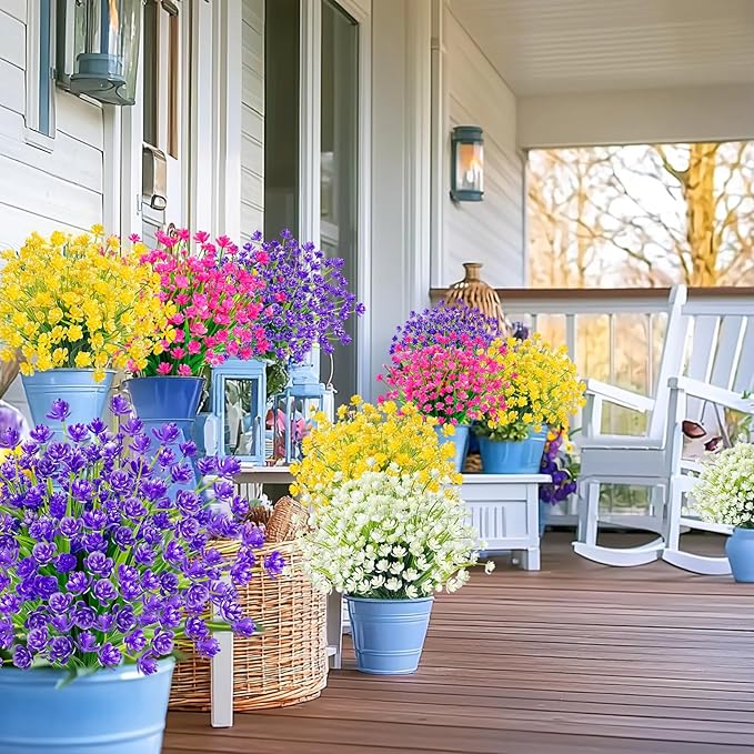 TURNMEON 20 Bundles Artificial Flowers for Outdoors Fake Plants Spring Decor, UV Resistant Artificial Plants Cemetery Fake Flowers Faux Plastic Greenery Shrubs for Home Porch Summer Decor 580 Heads