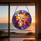 Stained Glass Window Hanging, Fuchsia Abstract Flowers Suncatcher for Window Home Decor Orange Sun Catcher Mother's Day Birthday Gifts for Women Men Mom Nana 6.3 in
