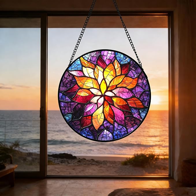 Stained Glass Window Hanging, Fuchsia Abstract Flowers Suncatcher for Window Home Decor Orange Sun Catcher Mother's Day Birthday Gifts for Women Men Mom Nana 15 in