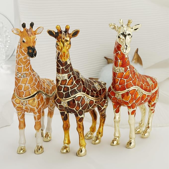 Hand Painted Trinket Box for Home Decor Accents, Enamel Hinged Jewelry Box for Bookshelf Office Table Desk Decoration, Classical Figurine Collectible Keepsake Animal Sculptures (Giraffe-Yellow)