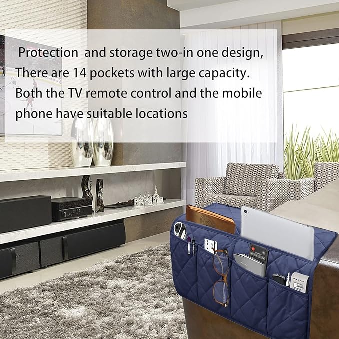Armchair Caddy, Sofa Armrest Organizer with 14 Pockets, Waterproof Non Slip Recliner Remote Control Holder, Couch Chair Arm Storage for TV Remotes, Phone, iPad, Magazine, Books