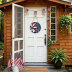 4th of July Decorations Memorial Day Door Sign 12x12 Inch American Patriotic Wood Door Hanger Independence Day Wreath Red White Blue Flower Welcome Hanging Sign for Front Porch Farmhouse Decorations