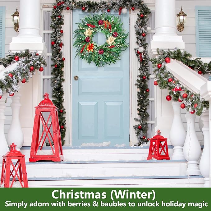 26-Inch Large Farmhouse Wreath for Front Door, All Season Eucalyptus Wreath for Indoor Outdoor Porch Wall Window, Artificial Greenery Everyday Home Decor fro Spring Summer Fall Winter