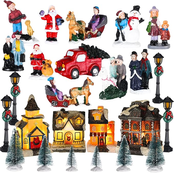 Wettarn 26 Pcs LED Christmas Villages Houses Sets Xmas Figurines Decoration Lighted LED Christmas Village Houses Building Collectible Home Decoration Xmas Gifts Indoor Room Decor