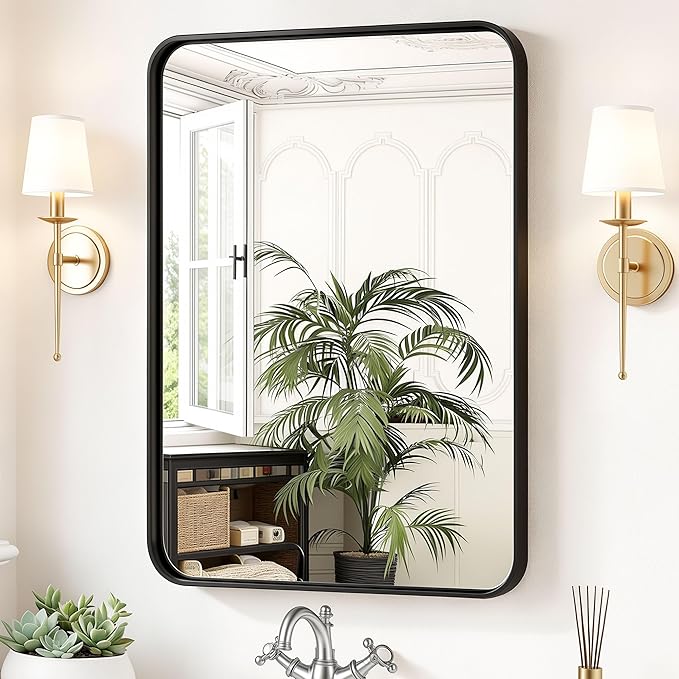 Sweetcrispy Bathroom Wall Mirror, 36x24 Inch Wall Mount Mirror for Over Sink, Modern Rounded Rectangle Vanity Mirrors with Matte Metal Framed, for Home Decor, Living Room, Bedroom, Black