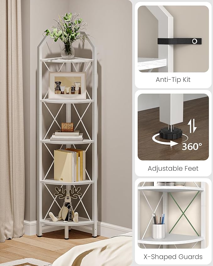 CHOEZON 5-Tier Corner Shelf, Industrial Corner Bookshelf, 59.4" Corner Storage Stand, Plant Stand Display Shelf, Corner Bookcase for Bedroom, Living Room, Home Office, White TCJ10WB