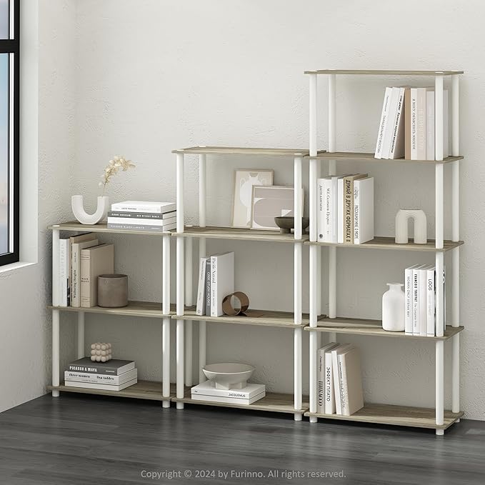 Furinno Turn-N-Tube Book Shelf, 3-Tier Bookshelf, Bookcase with Multipurpose Compact Display Rack, 11.6 x 23.6 x 29.6, for Living Room, Bedroom, Home Office, Sonoma Oak/White