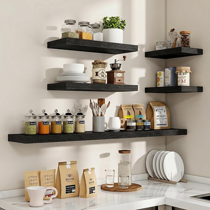 Acovy 48 Inch Floating Shelves, 48"x9.25"x1.5" Inch Deep Floating Shelves for Wall, Wooden Shelves for Bathroom, Bedroom, Living Room, Black, 1 Piece