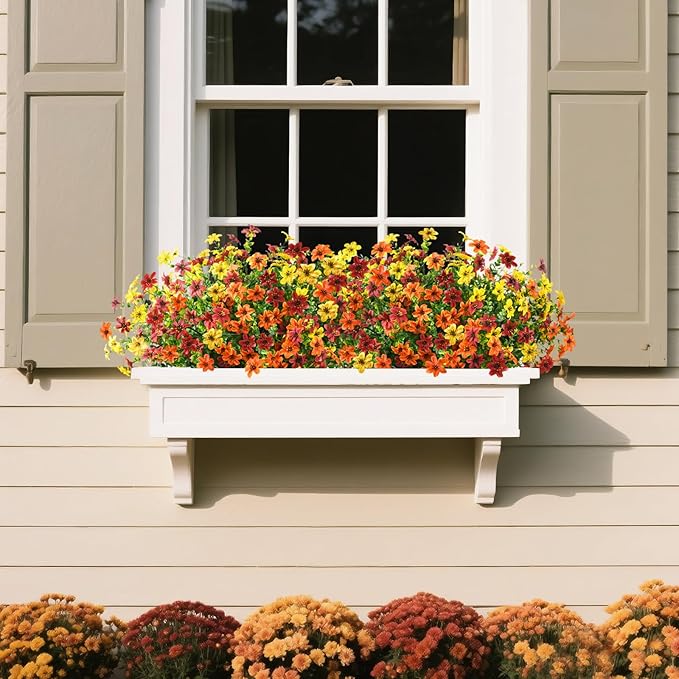 Artificial Flowers for Outdoors 12 Bundles Fake Plants Spring Home Decoration, Realistic Faux Flower Silk Daisy with Eucalyptus Stem UV Resistant Patio Planter Porch Yard Window (Yellow Brown Orange)