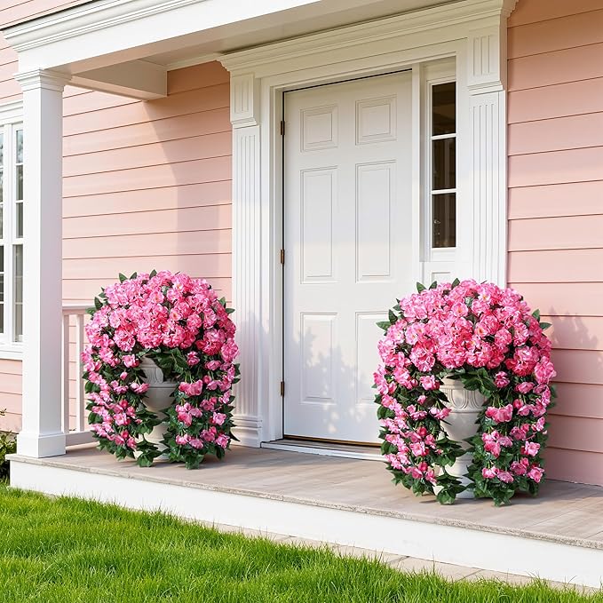 Artificial Fake Flowers Geraniums for Outdoors Spring Decor, 2 PCS Faux Hanging Plants Pink Outdoor Silk Flowers UV Resistant Realistic Trailing Vines for Outside Planters Porch Patio Garden Balcony