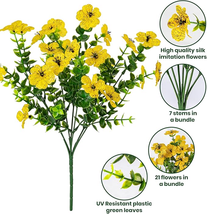 Lnoicy 20 Bundles Artificial Flowers for Outdoor Fake Plants for Spring Decoration,Faux Eucalyptus Flowers for Planter UV Resistant Lifelike for Home Porch Garden（Yellow）