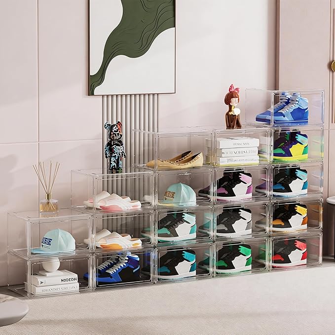 HIYOHIYO 2-Pack Acrylic Clear Stackable Shoe Boxes, 360 Clear Acrylic Display Shoes Boxes, Fully Transparent Display Box with Magnetic Door, Clear Shoe Storage Boxes Stackable, Size 14