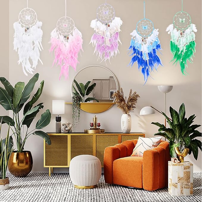 Dreamlike Butterfly Tree of Life Dream Catcher Wall Decor Blue Dream Catcher with Crystal Stone Handmade Feather Dreamcatchers Home Decor Wall Hanging for Girls Bedroom Wedding Craft Gift-29.5"
