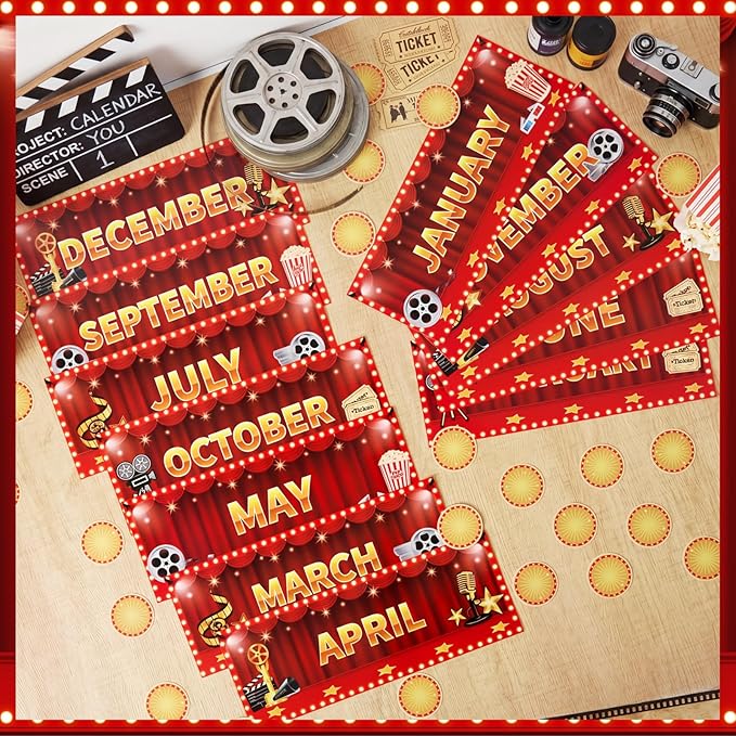 Zonon 48 Pcs Months of the Year Bulletin Board Set 12 Monthly Headliners Holiday Seasonal Monthly Bulletin Board Borders with 36 Round Blank Confetti Cutouts for Classroom(Movie Night Style)
